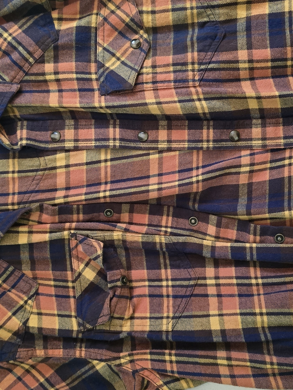 Men's Plaid Button-Up Shirt - Navy, Yellow & Peach